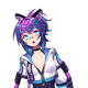 A 2D image of purple-haired Projekt Melody wearing cat ears and a white, cropped jacket against a white background.